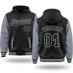 Custom Black Gray Bomber Full-Snap Varsity Letterman Two Tone Hoodie Jacket