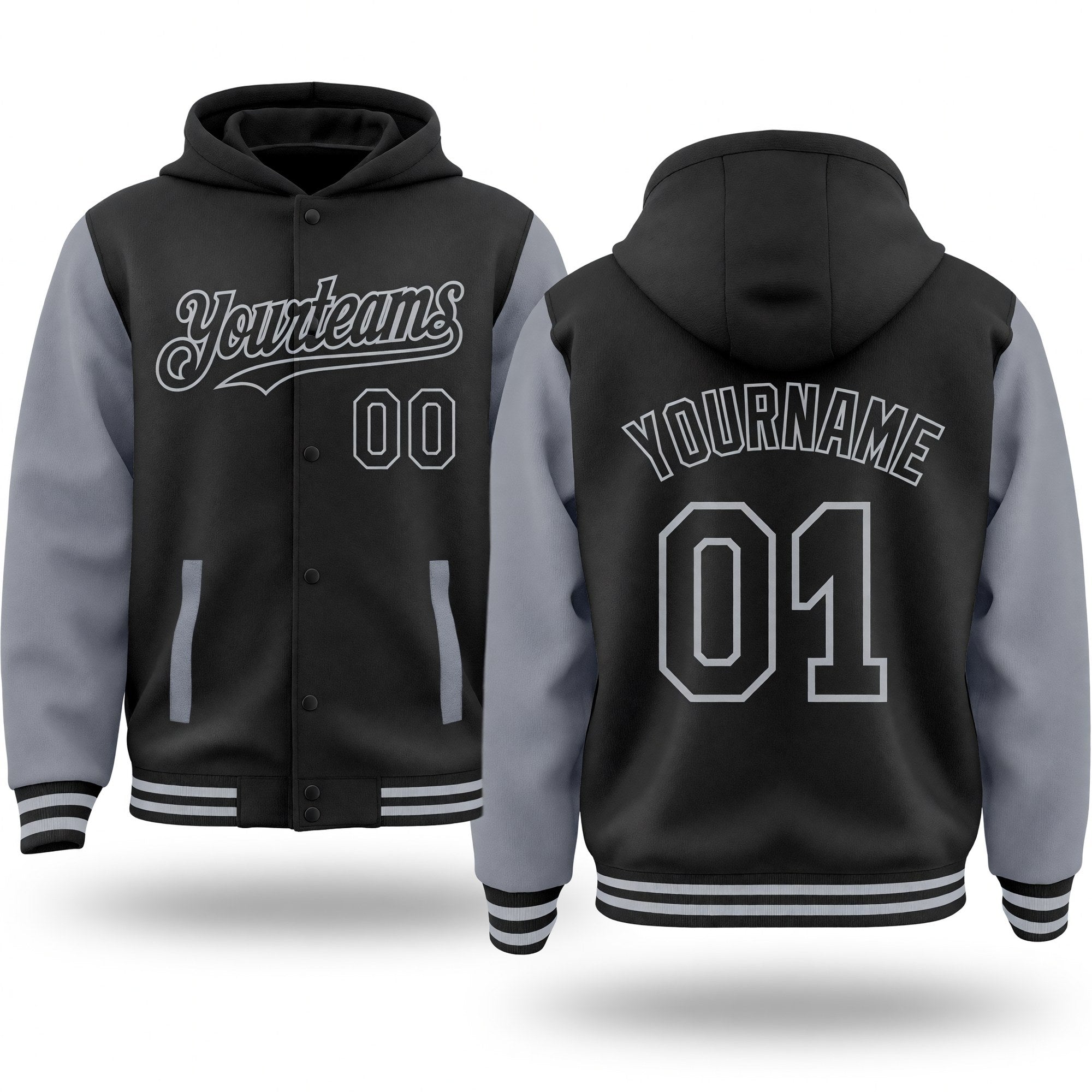 Custom Black Gray Bomber Full-Snap Varsity Letterman Two Tone Hoodie Jacket