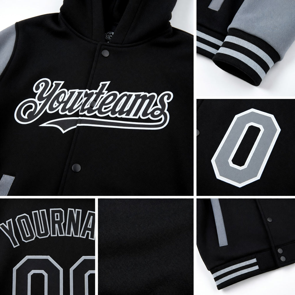 Custom Black Gray Bomber Full-Snap Varsity Letterman Two Tone Hoodie Jacket detail