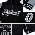 Custom Black Gray Bomber Full-Snap Varsity Letterman Two Tone Hoodie Jacket detail