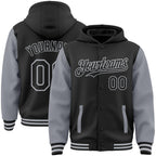Custom Black Gray Bomber Full-Snap Varsity Letterman Two Tone Hoodie Jacket photo 1