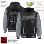 Custom Black Gray Bomber Full-Snap Varsity Letterman Two Tone Hoodie Jacket photo 3