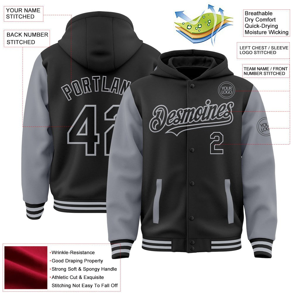 Custom Black Gray Bomber Full-Snap Varsity Letterman Two Tone Hoodie Jacket photo 3