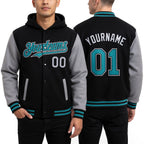 Custom Black Teal-Gray Bomber Full-Snap Varsity Letterman Two Tone Hoodie Jacket worn front and back