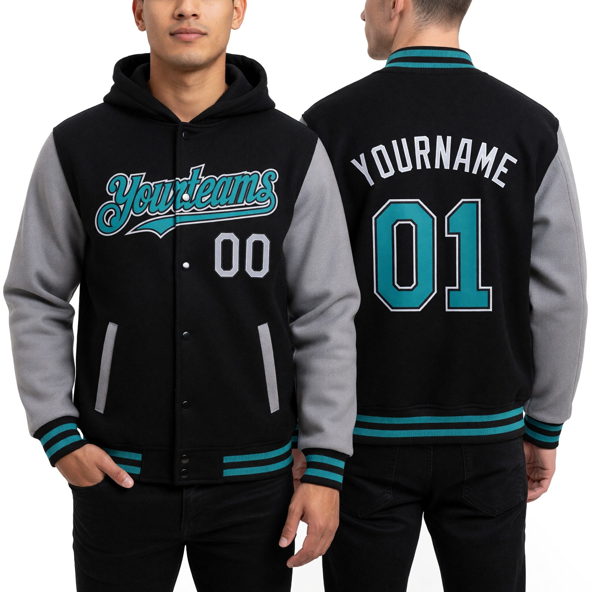 Custom Black Teal-Gray Bomber Full-Snap Varsity Letterman Two Tone Hoodie Jacket worn front and back