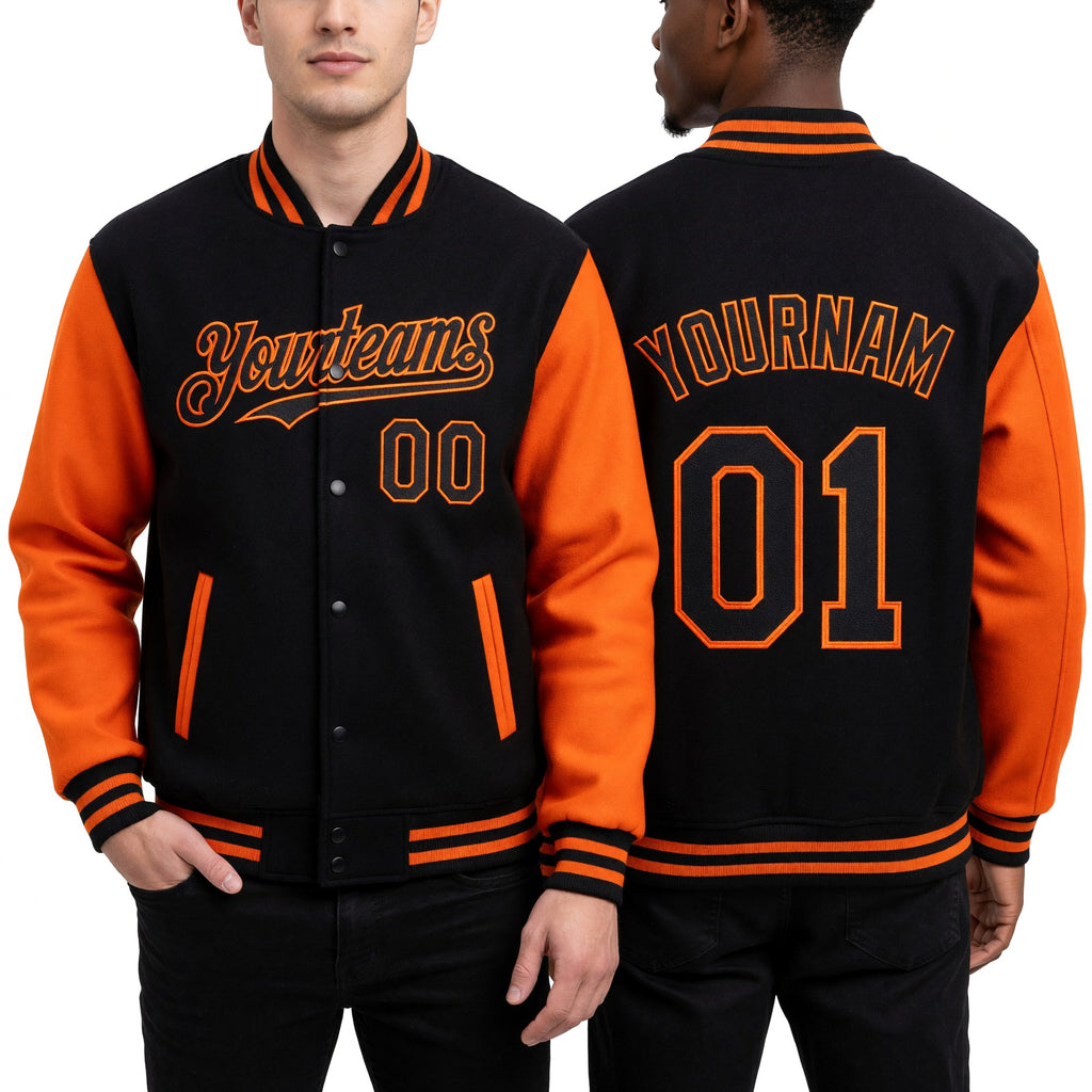 Custom Black Orange Bomber Full-Snap Varsity Letterman Two Tone Hoodie Jacket worn front and back