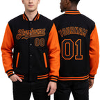 Custom Black Orange Bomber Full-Snap Varsity Letterman Two Tone Hoodie Jacket worn front and back