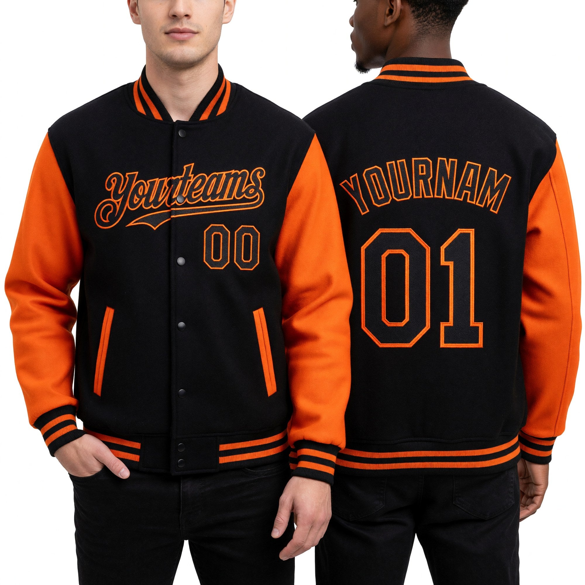 Custom Black Orange Bomber Full-Snap Varsity Letterman Two Tone Hoodie Jacket worn front and back
