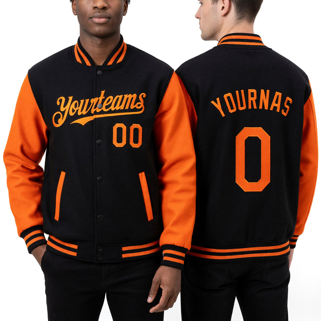 Custom Black Orange Bomber Full-Snap Varsity Letterman Two Tone Hoodie Jacket worn front and back