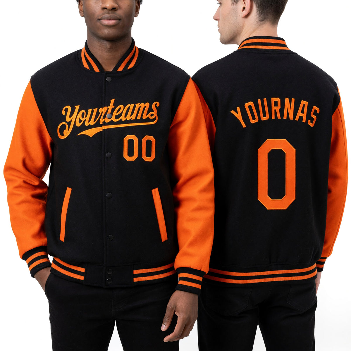 Custom Black Orange Bomber Full-Snap Varsity Letterman Two Tone Hoodie Jacket worn front and back