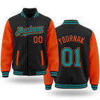 Custom Black Teal-Orange Bomber Full-Snap Varsity Letterman Two Tone Hoodie Jacket