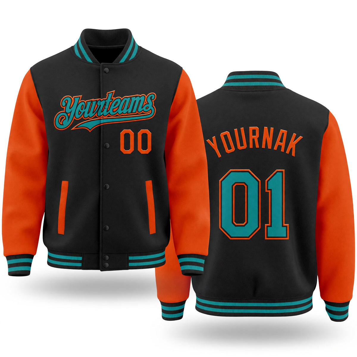 Custom Black Teal-Orange Bomber Full-Snap Varsity Letterman Two Tone Hoodie Jacket