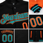 Custom Black Teal-Orange Bomber Full-Snap Varsity Letterman Two Tone Hoodie Jacket detail