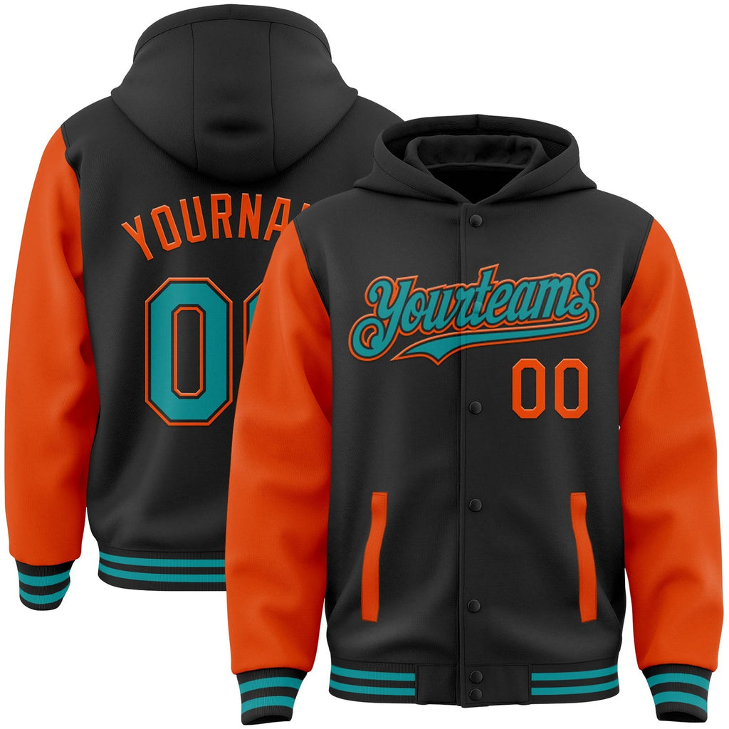 Custom Black Teal-Orange Bomber Full-Snap Varsity Letterman Two Tone Hoodie Jacket photo 1