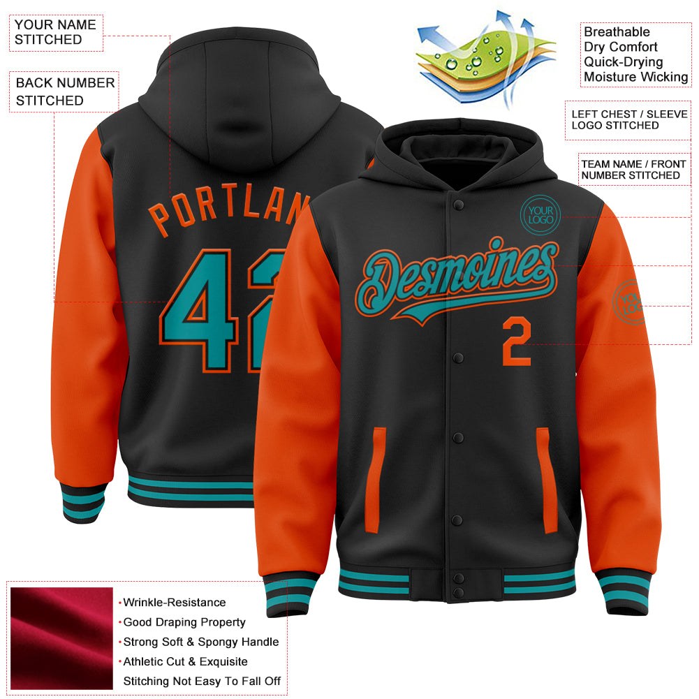 Custom Black Teal-Orange Bomber Full-Snap Varsity Letterman Two Tone Hoodie Jacket photo 3