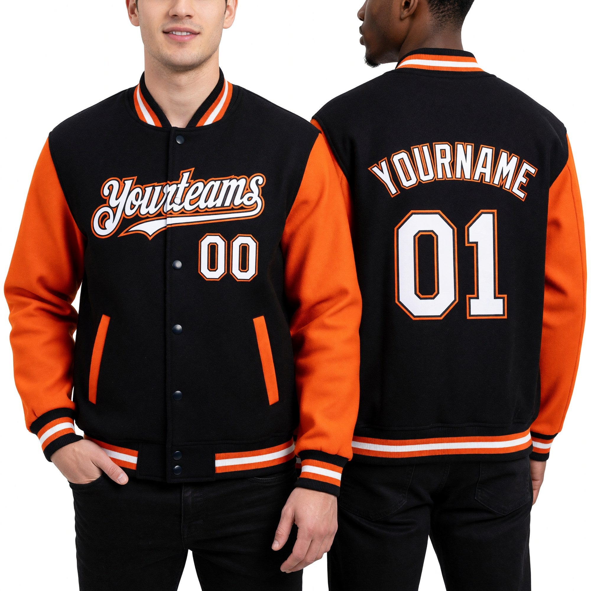 Custom Black White-Orange Bomber Full-Snap Varsity Letterman Two Tone Hoodie Jacket worn front and back