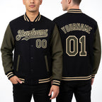 Custom Black Olive-Cream Bomber Full-Snap Varsity Letterman Two Tone Hoodie Jacket worn front and back