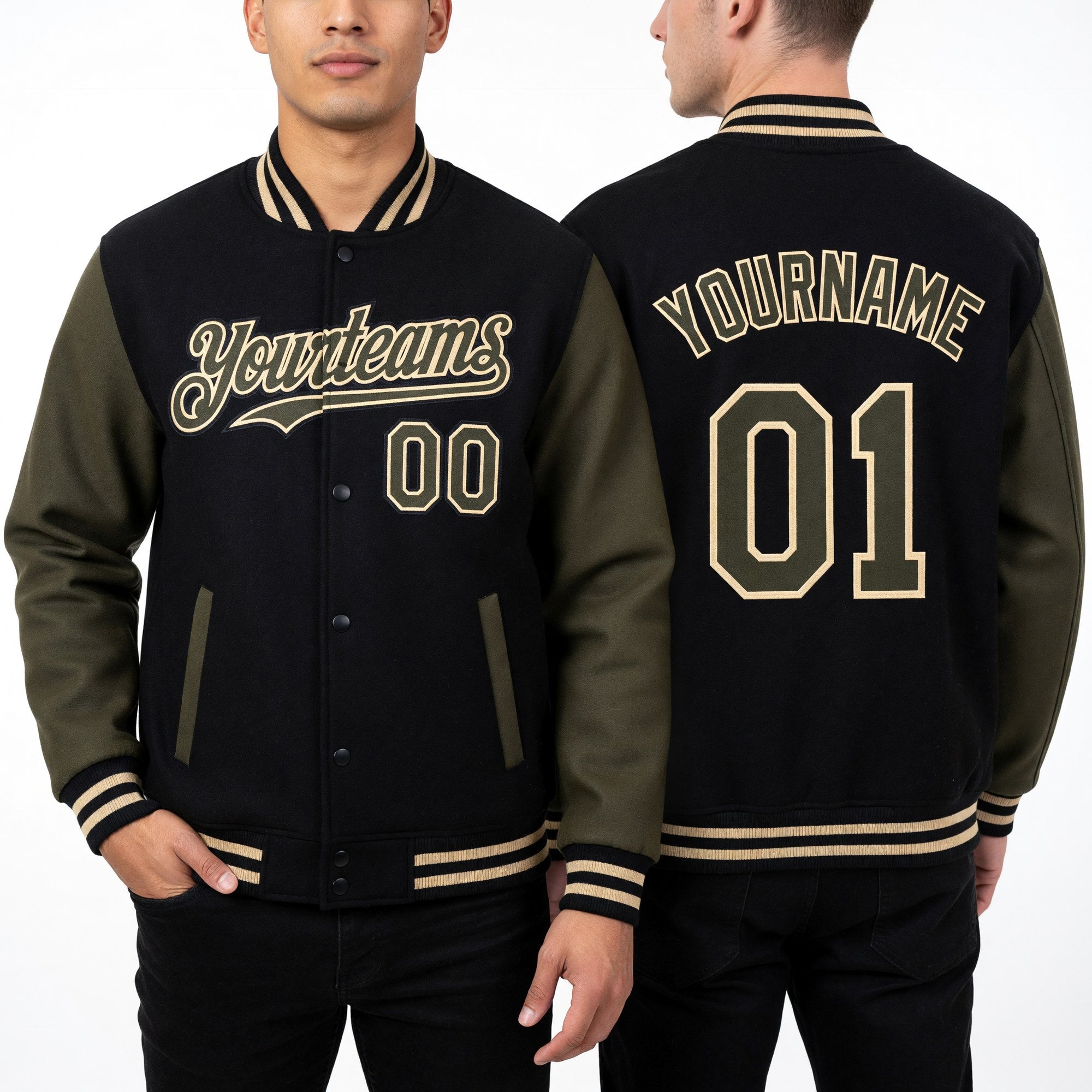 Custom Black Olive-Cream Bomber Full-Snap Varsity Letterman Two Tone Hoodie Jacket worn front and back