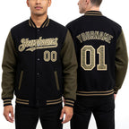 Custom Black Camo Olive-Cream Bomber Full-Snap Varsity Letterman Two Tone Hoodie Jacket worn front and back