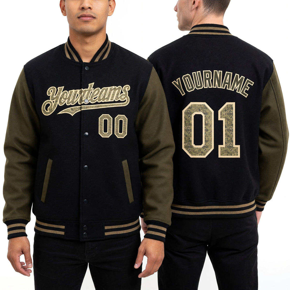 Custom Black Camo Olive-Cream Bomber Full-Snap Varsity Letterman Two Tone Hoodie Jacket worn front and back