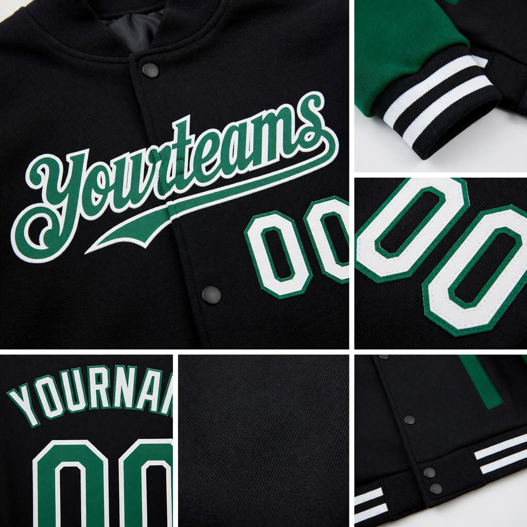 Custom Black Kelly Green-White Bomber Full-Snap Varsity Letterman Two Tone Hoodie Jacket detail