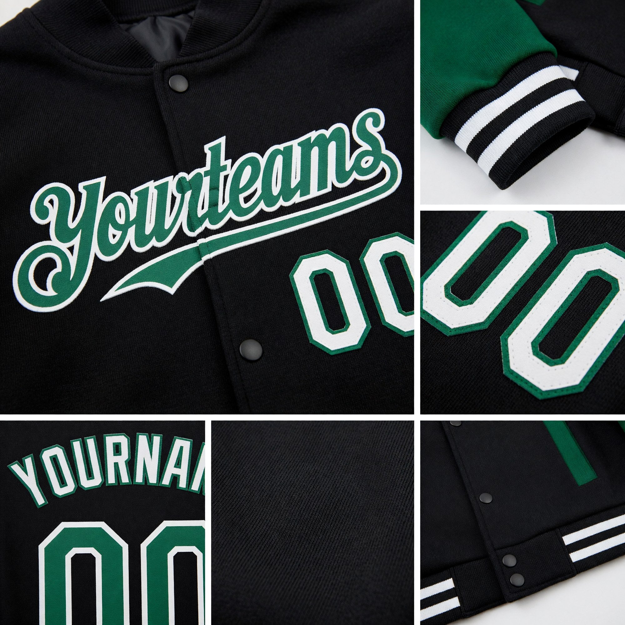 Custom Black Kelly Green-White Bomber Full-Snap Varsity Letterman Two Tone Hoodie Jacket detail