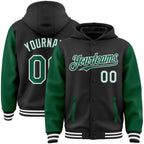 Custom Black Kelly Green-White Bomber Full-Snap Varsity Letterman Two Tone Hoodie Jacket photo 1