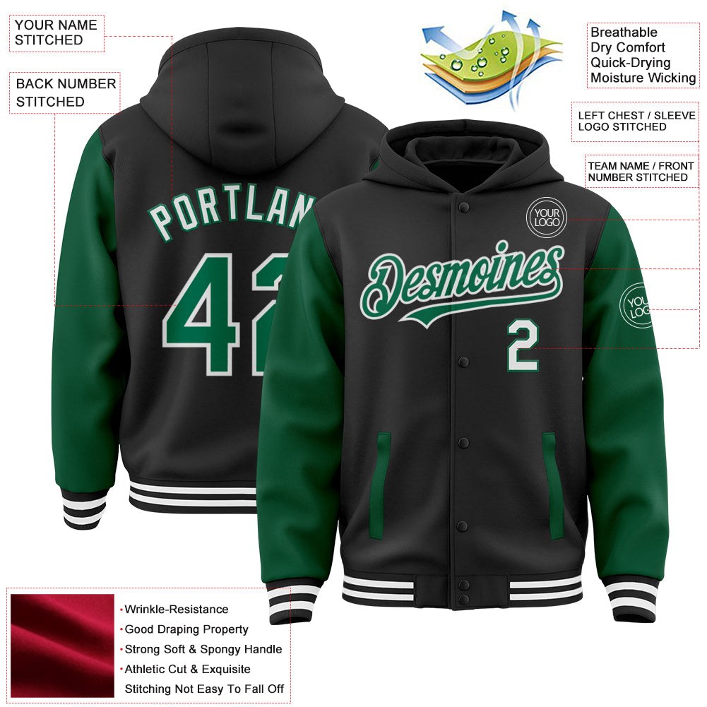 Custom Black Kelly Green-White Bomber Full-Snap Varsity Letterman Two Tone Hoodie Jacket photo 3