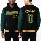Custom Black Kelly Green-Gold Bomber Full-Snap Varsity Letterman Two Tone Hoodie Jacket worn front and back