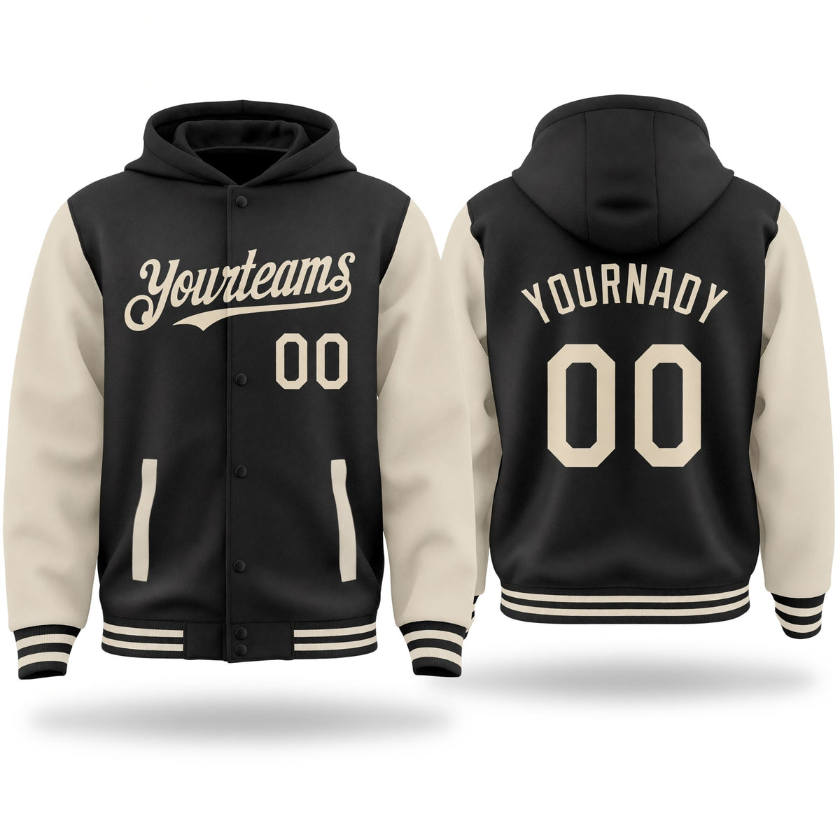 Custom Black Cream Bomber Full-Snap Varsity Letterman Two Tone Hoodie Jacket