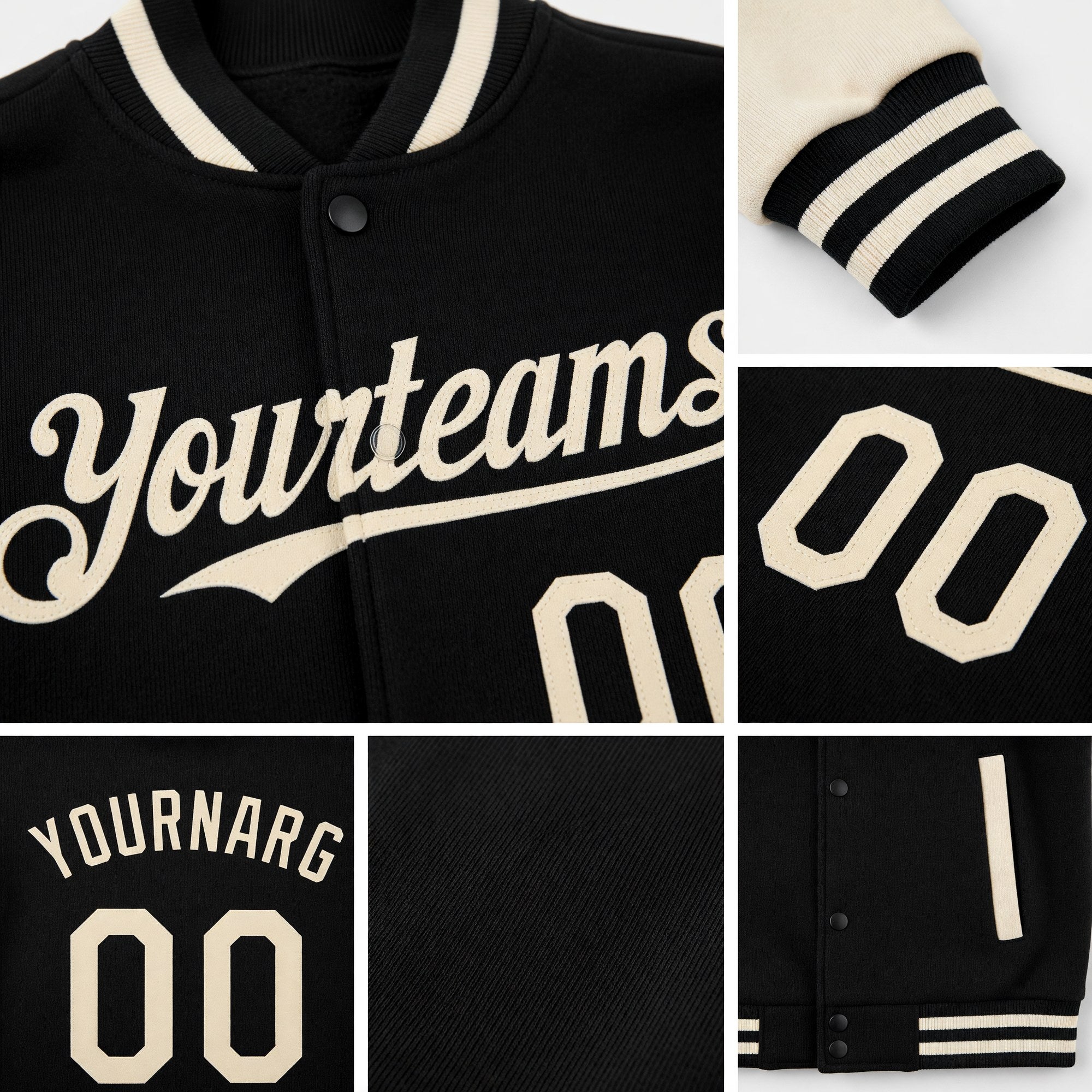 Custom Black Cream Bomber Full-Snap Varsity Letterman Two Tone Hoodie Jacket detail