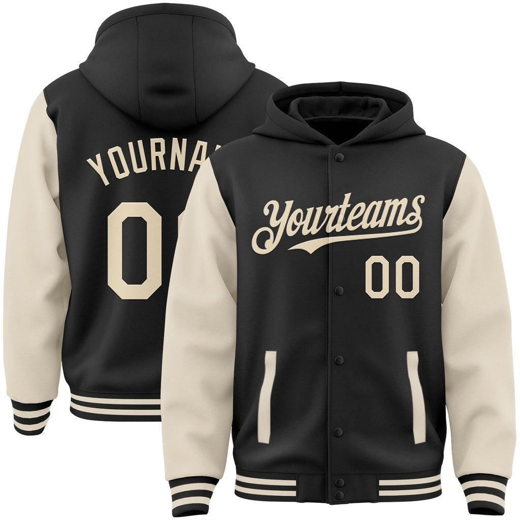 Custom Black Cream Bomber Full-Snap Varsity Letterman Two Tone Hoodie Jacket photo 1