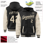 Custom Black Cream Bomber Full-Snap Varsity Letterman Two Tone Hoodie Jacket photo 3