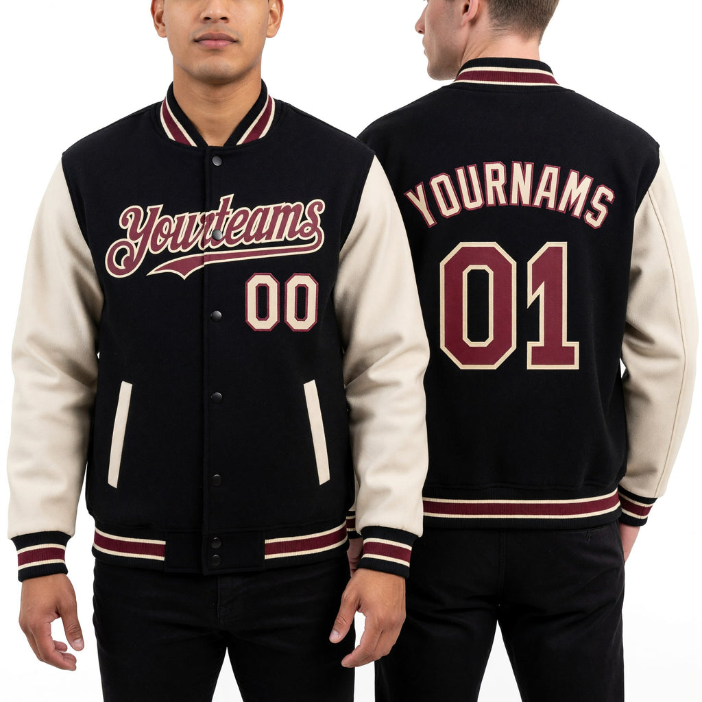 Custom Black Crimson Cream-City Cream Bomber Full-Snap Varsity Letterman Two Tone Hoodie Jacket worn front and back