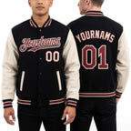Custom Black Crimson Cream-City Cream Bomber Full-Snap Varsity Letterman Two Tone Hoodie Jacket worn front and back