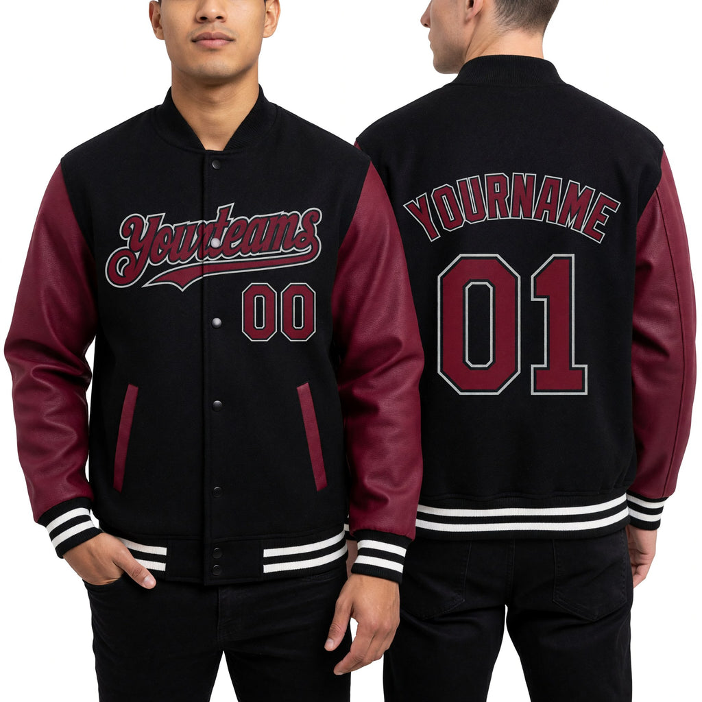 Custom Black Crimson-Gray Bomber Full-Snap Varsity Letterman Two Tone Hoodie Jacket worn front and back