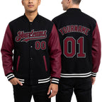 Custom Black Crimson-Gray Bomber Full-Snap Varsity Letterman Two Tone Hoodie Jacket worn front and back