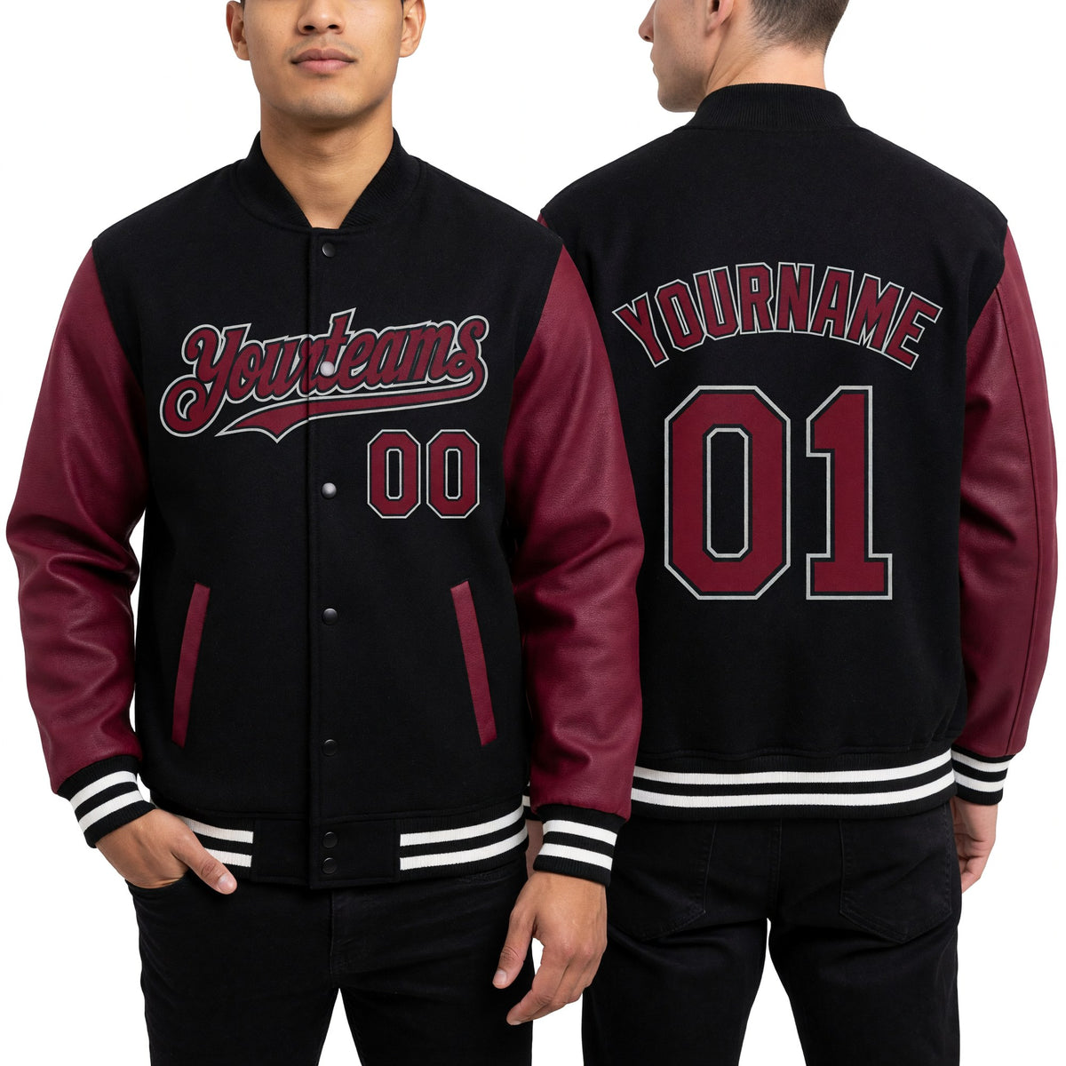 Custom Black Crimson-Gray Bomber Full-Snap Varsity Letterman Two Tone Hoodie Jacket worn front and back