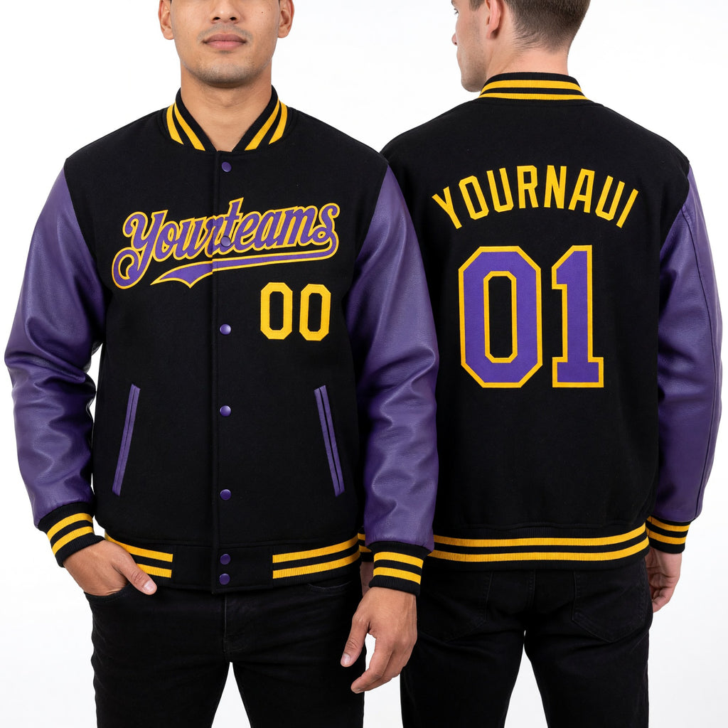 Custom Black Purple-Gold Bomber Full-Snap Varsity Letterman Two Tone Hoodie Jacket worn front and back
