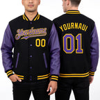Custom Black Purple-Gold Bomber Full-Snap Varsity Letterman Two Tone Hoodie Jacket worn front and back