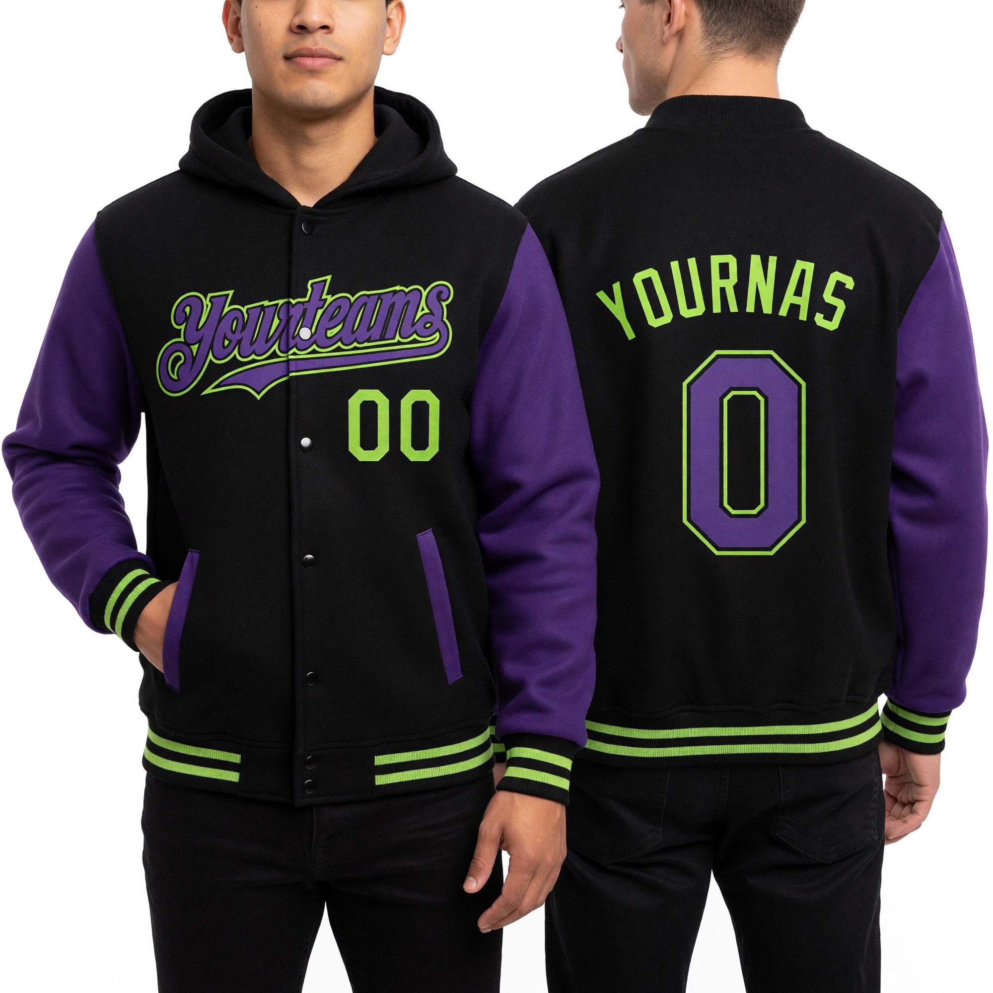 Custom Black Purple-Neon Green Bomber Full-Snap Varsity Letterman Two Tone Hoodie Jacket worn front and back