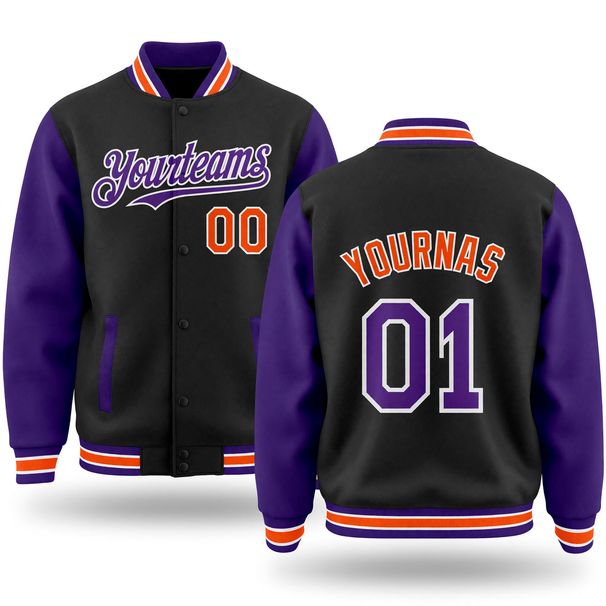 Custom Black Purple-Orange Bomber Full-Snap Varsity Letterman Two Tone Hoodie Jacket
