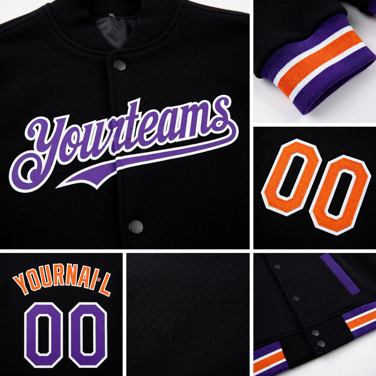 Custom Black Purple-Orange Bomber Full-Snap Varsity Letterman Two Tone Hoodie Jacket detail