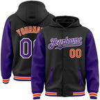 Custom Black Purple-Orange Bomber Full-Snap Varsity Letterman Two Tone Hoodie Jacket photo 1