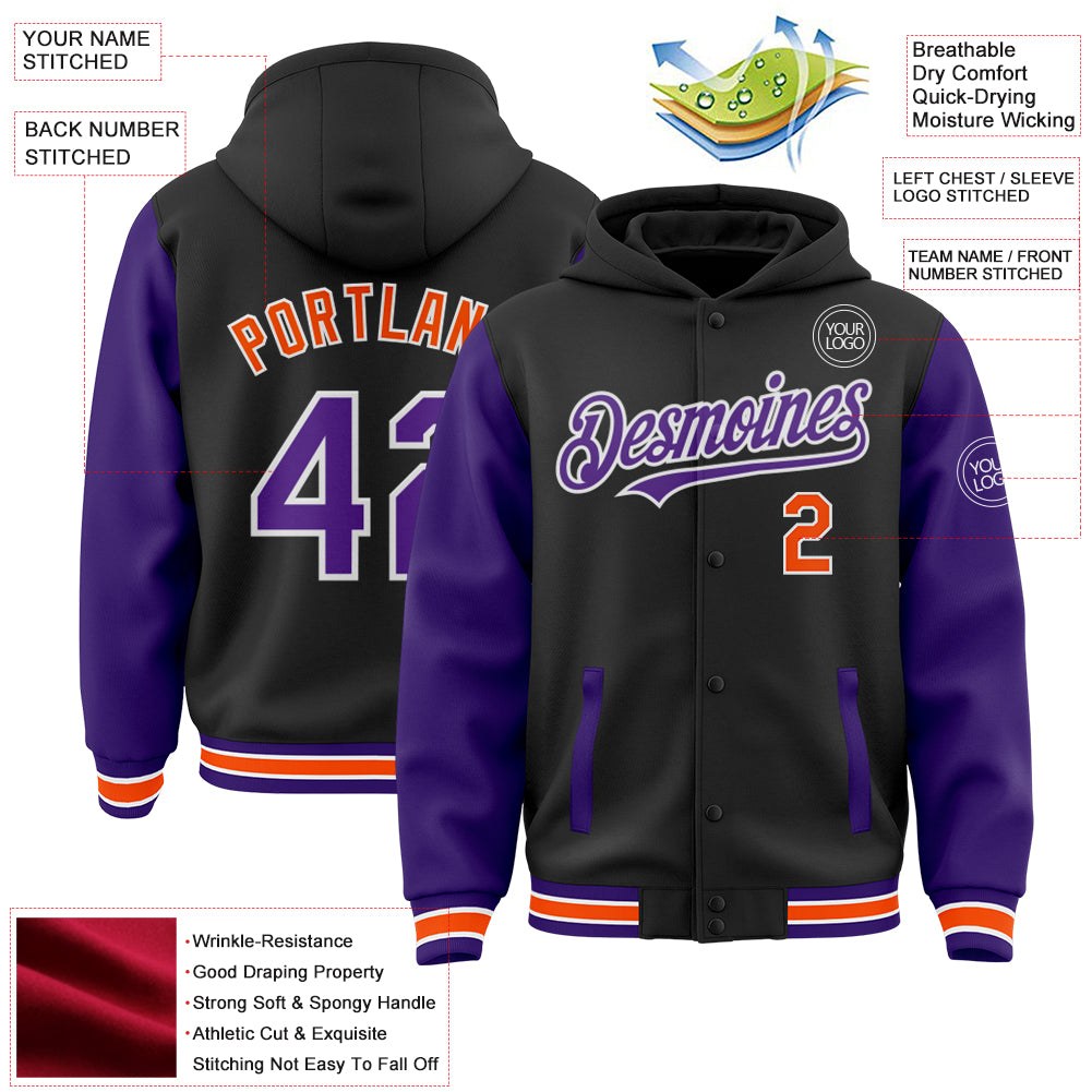 Custom Black Purple-Orange Bomber Full-Snap Varsity Letterman Two Tone Hoodie Jacket photo 3