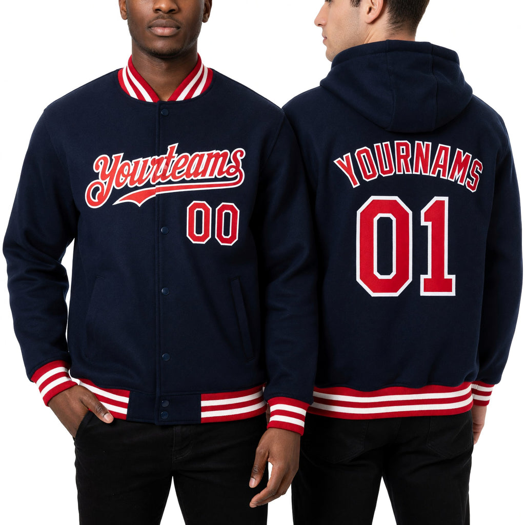 Custom Navy Red-White Bomber Full-Snap Varsity Letterman Hoodie Jacket worn front and back