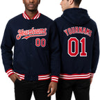 Custom Navy Red-White Bomber Full-Snap Varsity Letterman Hoodie Jacket worn front and back