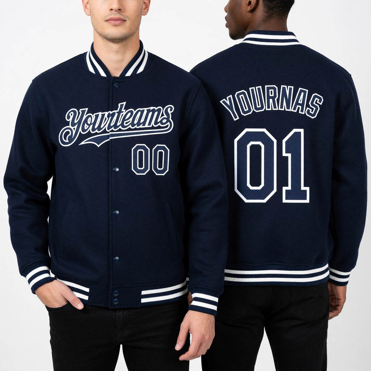 Custom Navy White Bomber Full-Snap Varsity Letterman Hoodie Jacket worn front and back