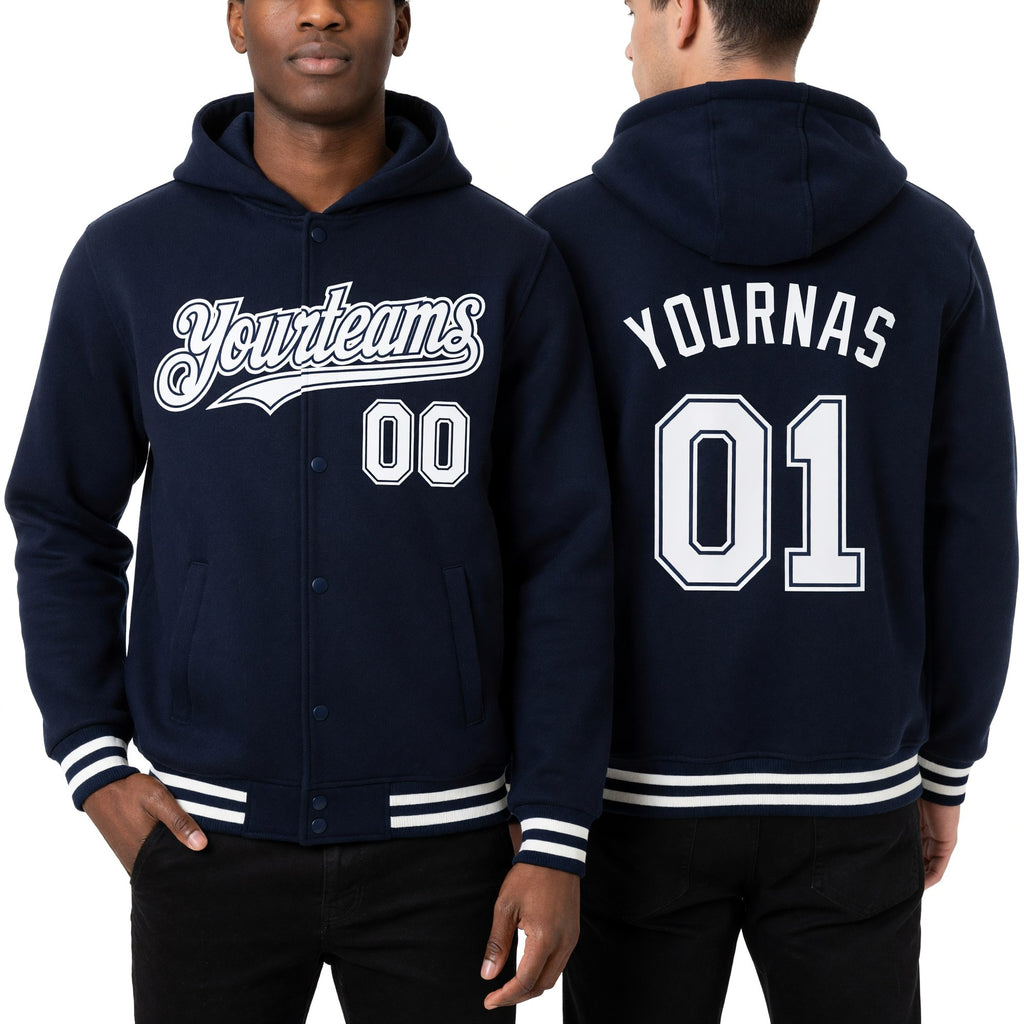 Custom Navy White Bomber Full-Snap Varsity Letterman Hoodie Jacket worn front and back