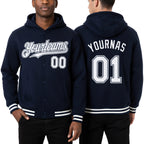 Custom Navy White Bomber Full-Snap Varsity Letterman Hoodie Jacket worn front and back